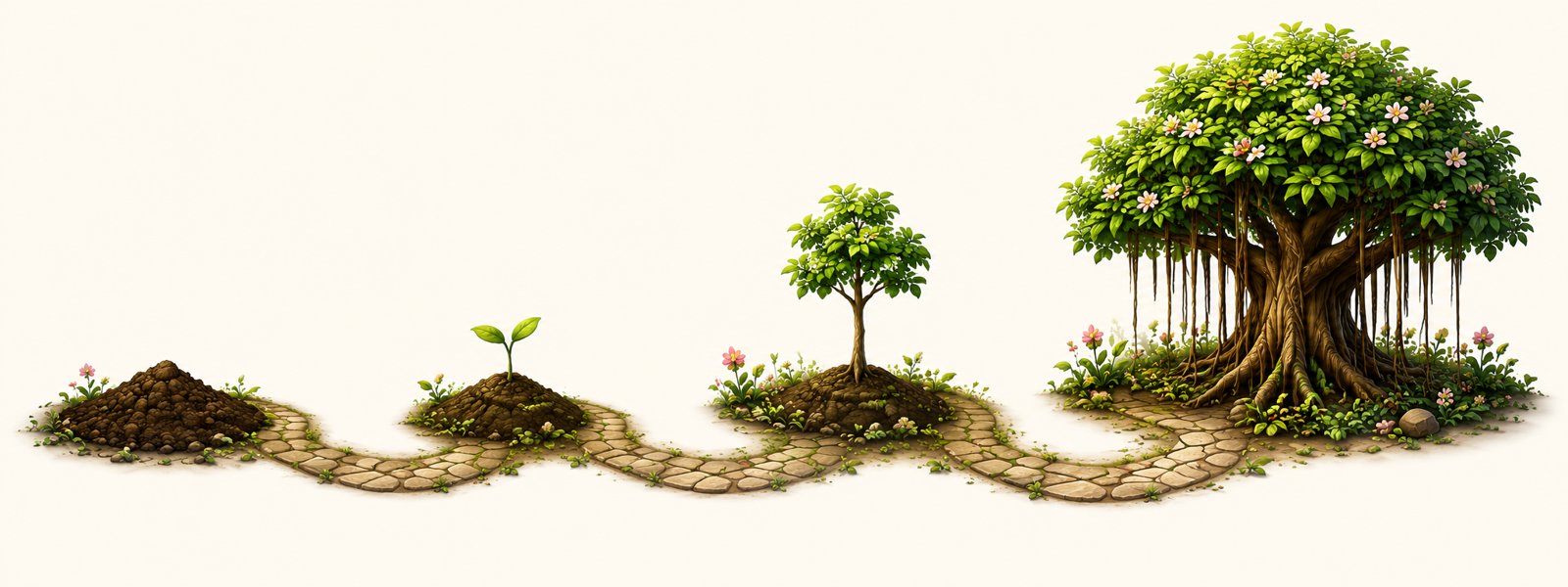 A winding stone path from a mound of soil to a sprout, a young tree, and a grand flowering banyan